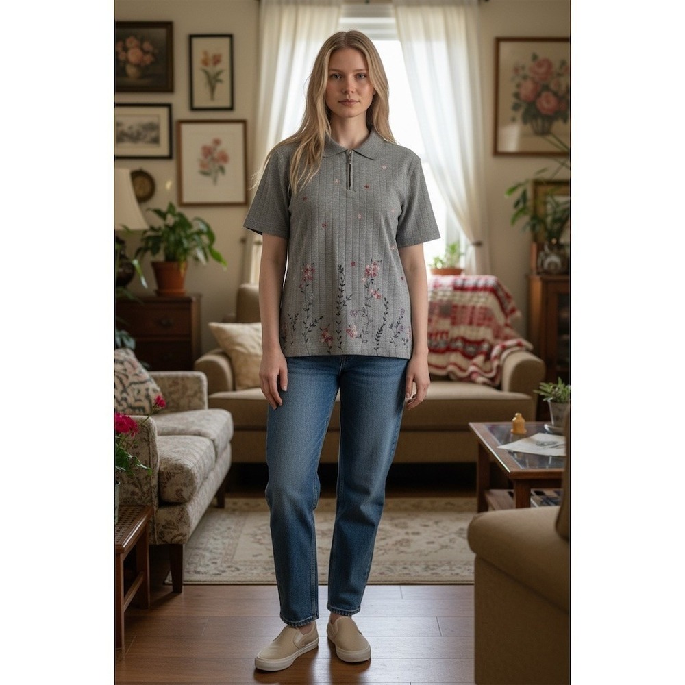 Polo Shirt Womens XL‎ Gray Ribbed Zip Neck Floral Embroidery grandmacore